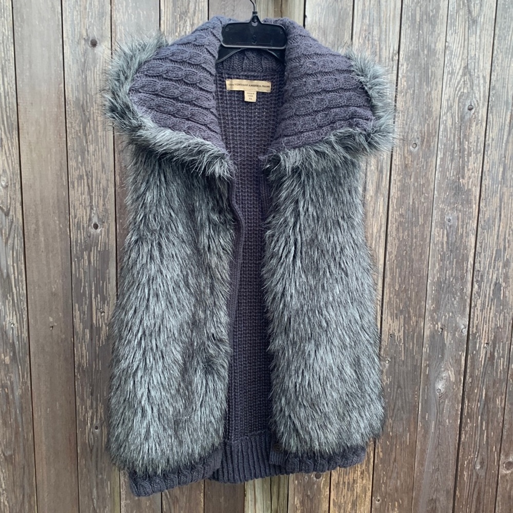 Faux fur button up sweater vest with fur front and sweater back
